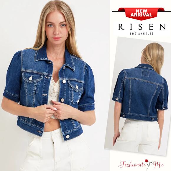 RISEN Puffed Short Sleeves Buttoned Chest Pockets Dark Wash Cropped Denim Jacket - Picture 1 of 7